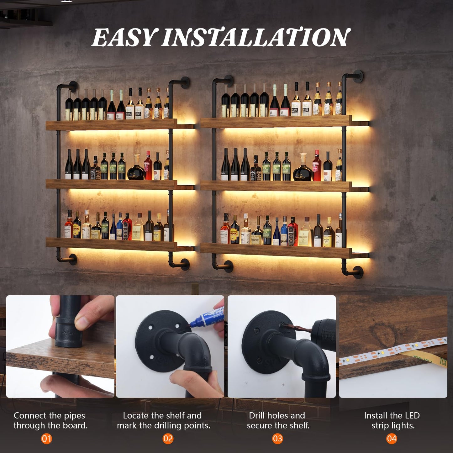 Dresgor Large Wine Rack Wall Mounted with LED Light, Solid Wood Bar Shelves Wall Mounted, 3-Tiers Liquor Bottles Floating Shelves Display Storage Organizer for Home Bar, Dining Room (47.2 inch)