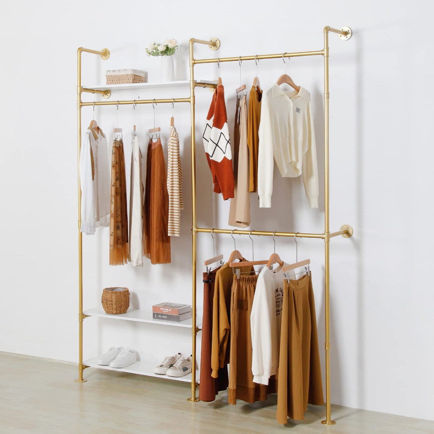 EDCB Heavy Duty Industrial Clothing Rack - 3-Tier Wall Mounted Garment Rack with Wood Shelves, Golden Pipe Closet Storage Organizer for Retail Stores & Bedroom (92.1X76.8inch)