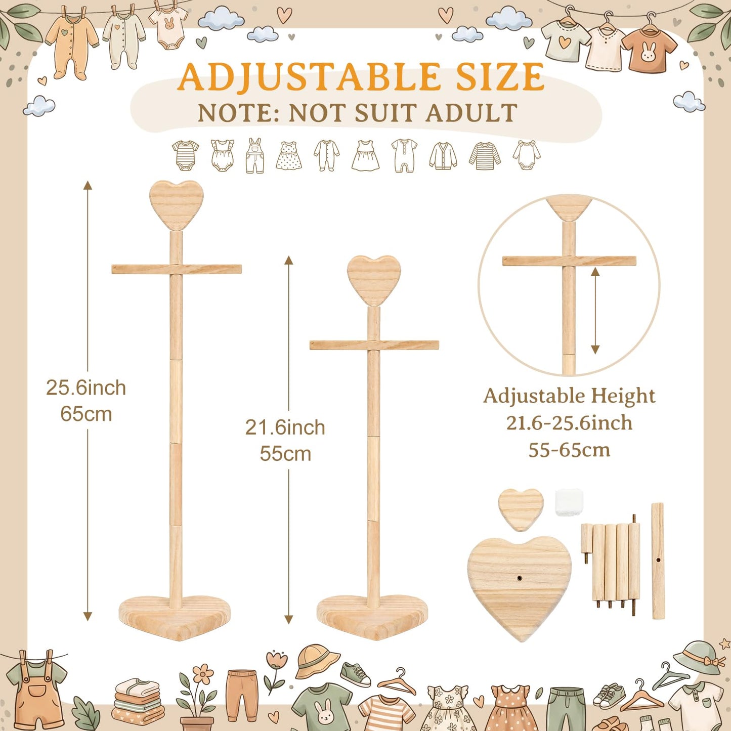Fuutreo 2 Packs Baby Clothes Display Stands Heart-Topped Baby Shower Centerpiece Babies Clothes Rack with Bow Wooden Adjustable Outfit Hangers Display for Layette Dress, Hand Assembled(Wood Color)
