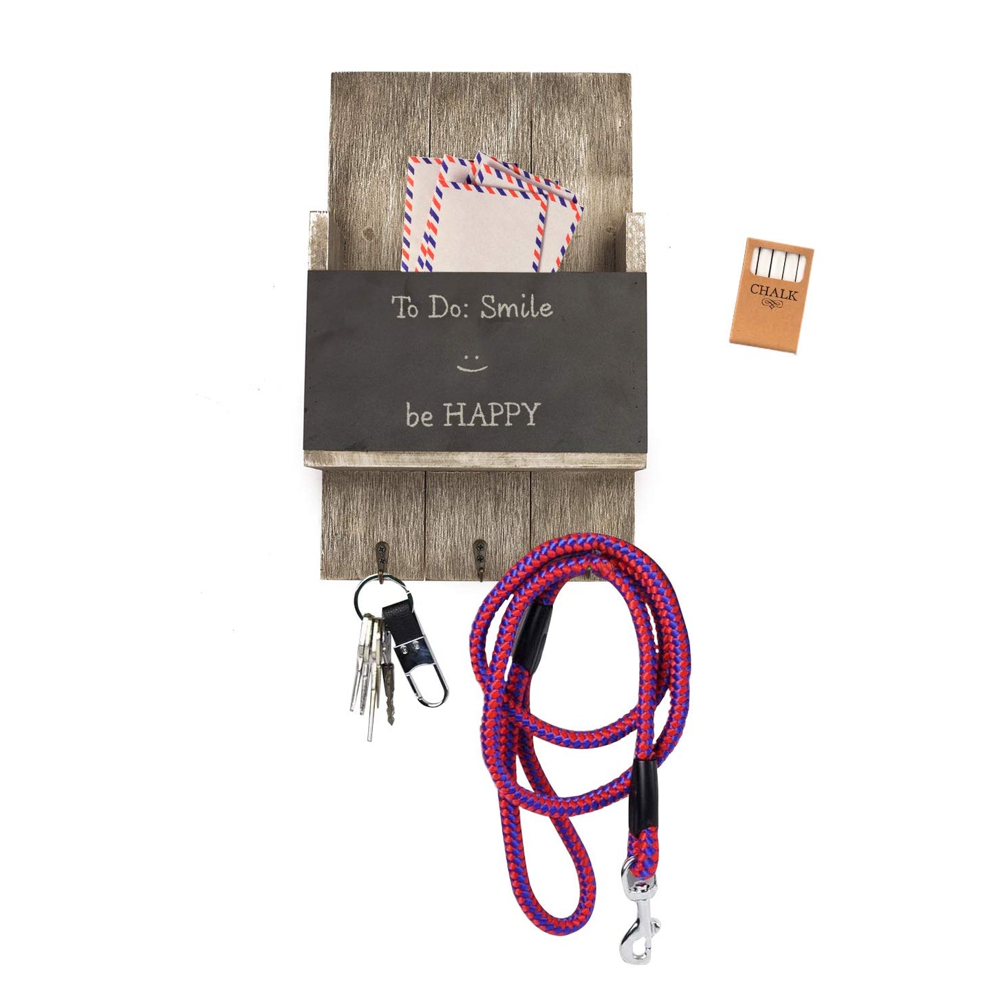 Wallcharmers Rustic Wall Mount Mail Organizer with Chalkboard, Key Hooks, Wood and Metal Construction