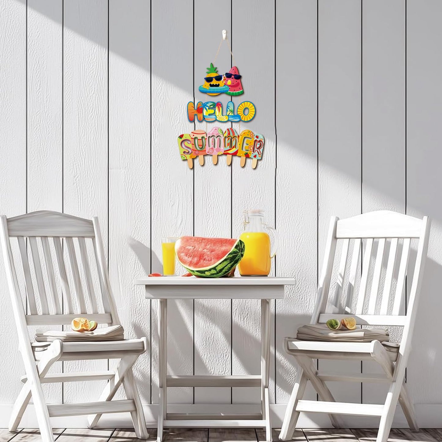 HLNIUC Tropical Beach Vacation Wood Decor,Summer Fruit Ice Cream Wooden Hanger,Hello Summer Hanging Signs,Rustic Farmhouse Wood Plaque,Coastal Seasonal Wall Wreath For Living Room Bedroom