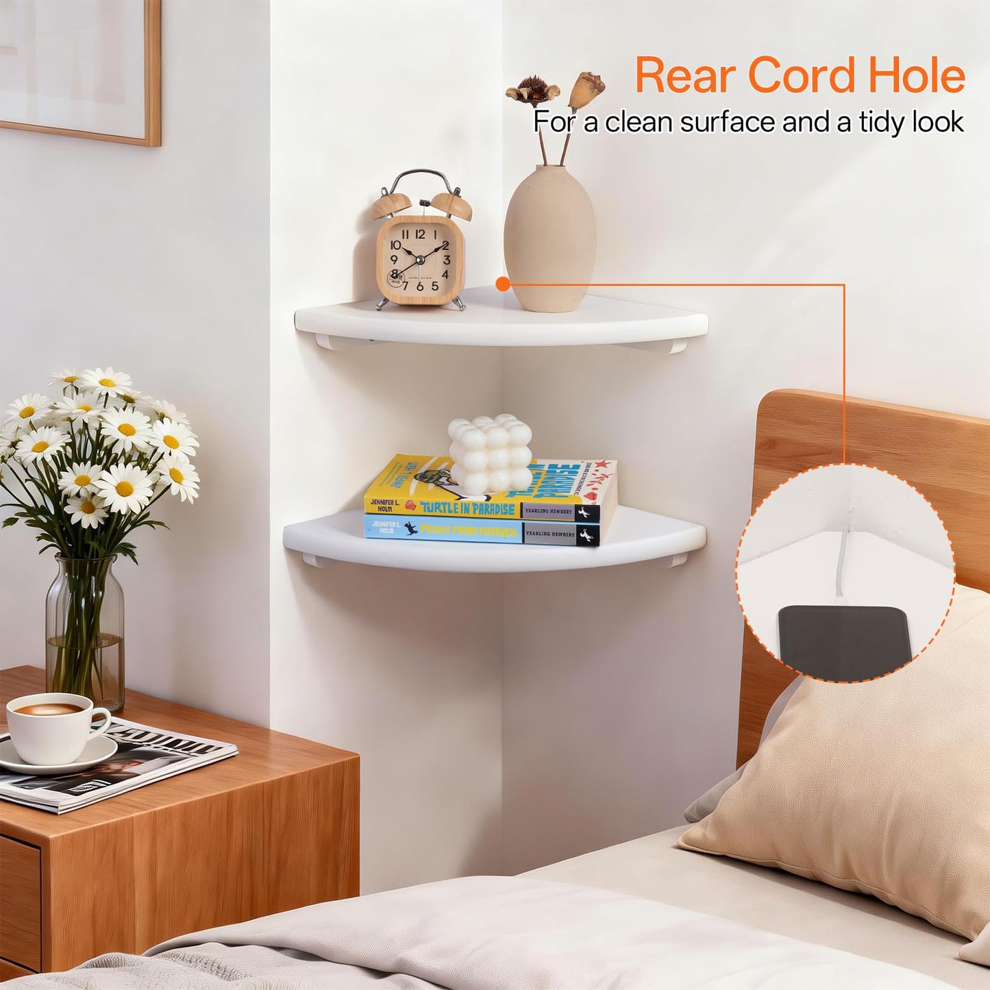 Gieanoo Floating Corner Shelves Set 2 9inch White Solid Oak Rounded Corner Shelves Wall Mounted with Cable Hole Wood Corner Hanging Shelves for Living Room Bedroom Bathroom Kitchen