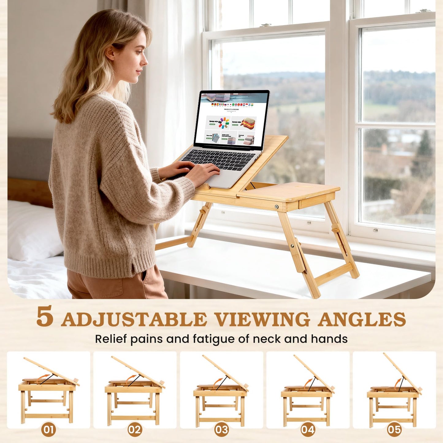 Bambition Bamboo Laptop Desk for Bed, Adjustable Height and Angle, Foldable Lap Desk with Cup Holder and Drawer, Portable Bed Table Tray for Writing Reading Drawing or Breakfast
