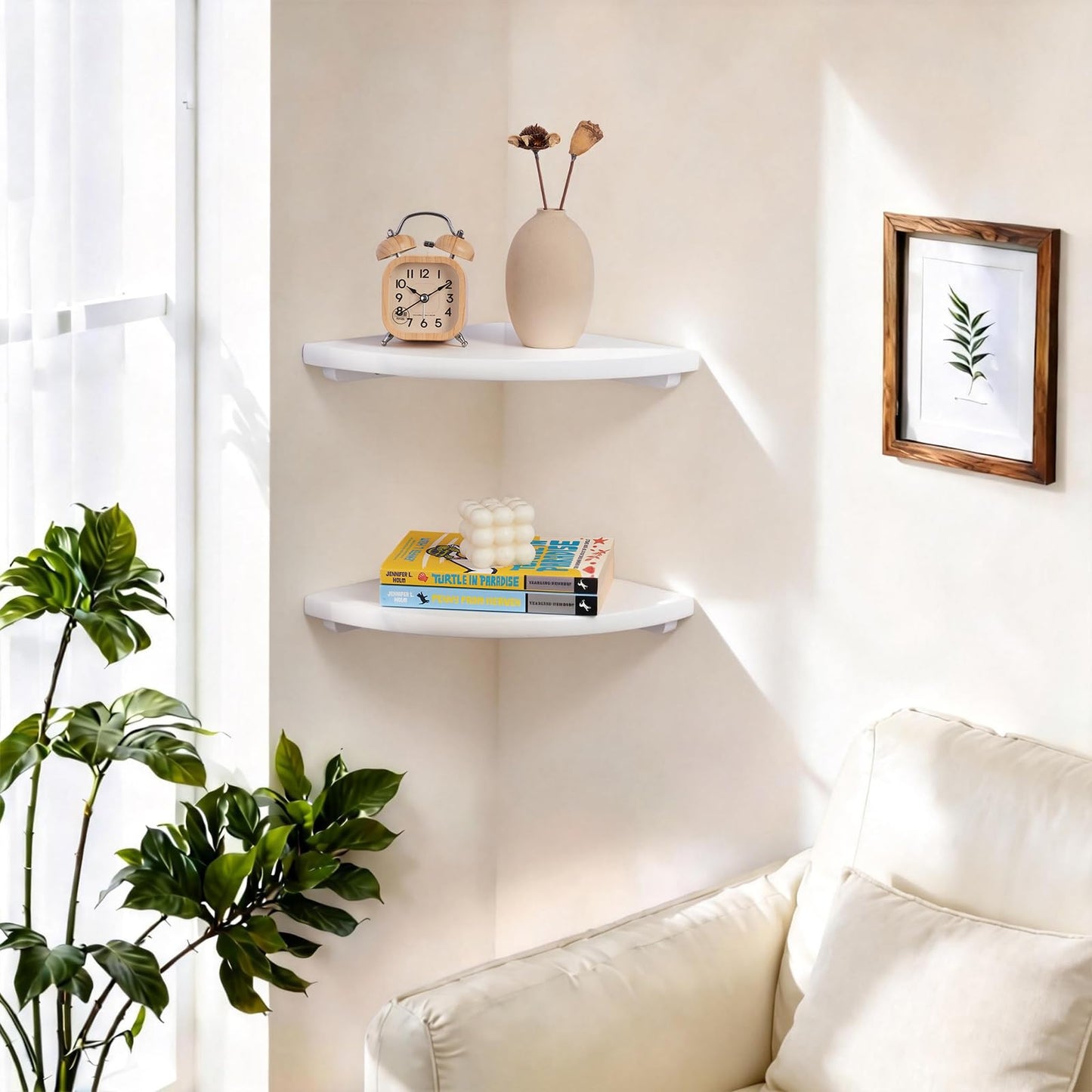Gieanoo Floating Corner Shelves Set 2 9inch White Solid Oak Rounded Corner Shelves Wall Mounted with Cable Hole Wood Corner Hanging Shelves for Living Room Bedroom Bathroom Kitchen
