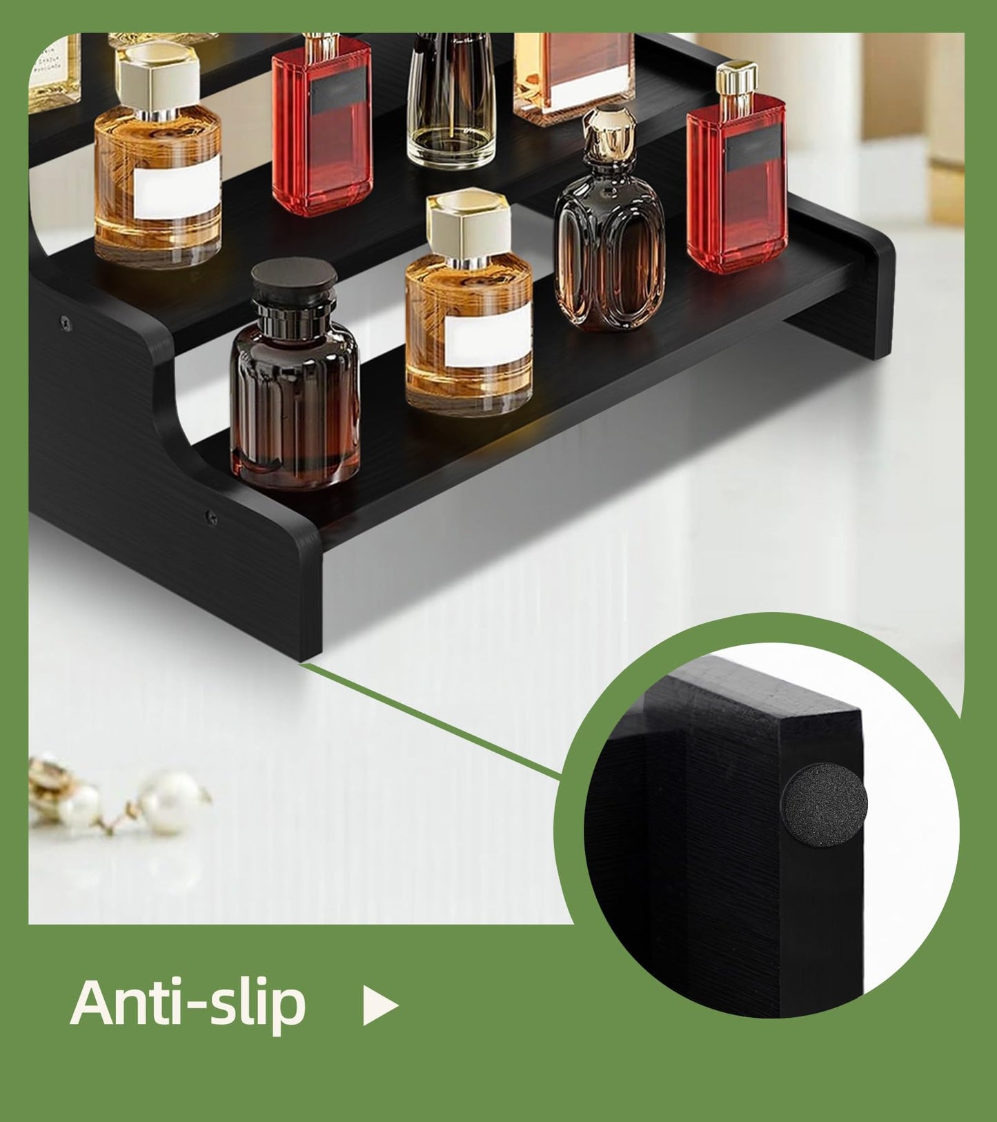 SEENYOO Wooden Cologne Organizer for Men, Perfume Organizer Stand, Cologne Stand with Anti-Slip Washers, Wooden Display Risers Stand for Dessert, Cupcake, Black, 4-tier-11.8in