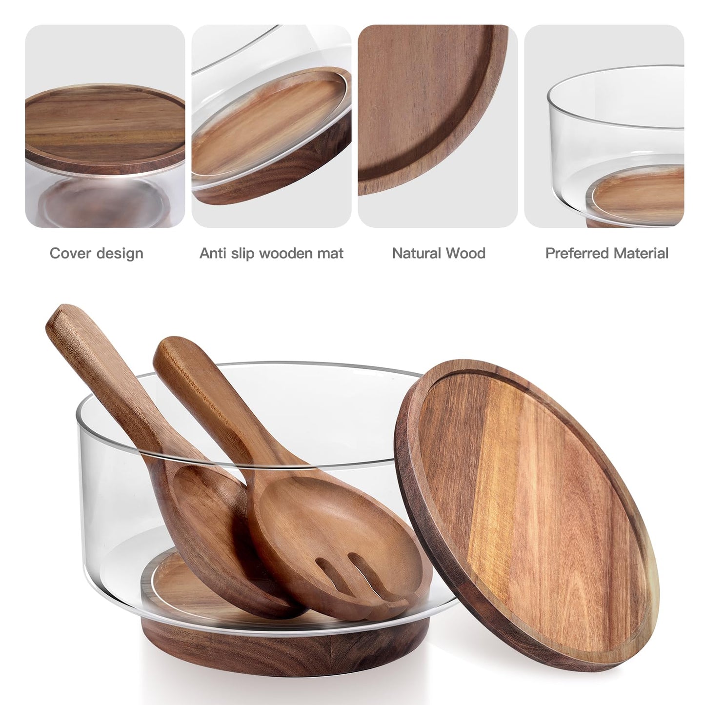 Large Glass Salad Bowls, Salad Bowl Set for Party with Acacia Wood Base and Lid and Salad Serving Utensils, Elegant and Practical Salad Bowls for Kitchen Essentials
