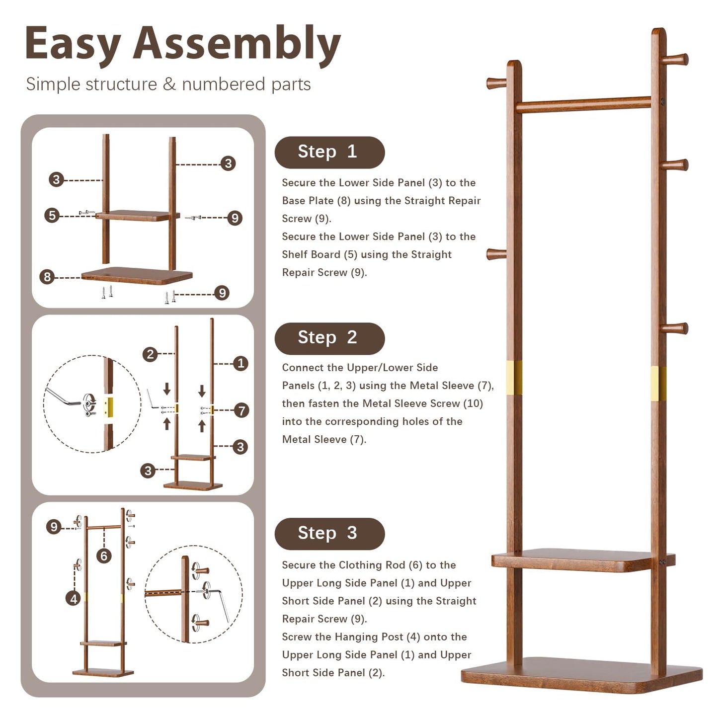Taitiy Solid Wood Coat Rack, Freestanding Clothing Rack with 2 Shelves Storage & 5 Hooks, Heavy Duty Clothes Rack Stand for Hall, Bedroom, Living Room