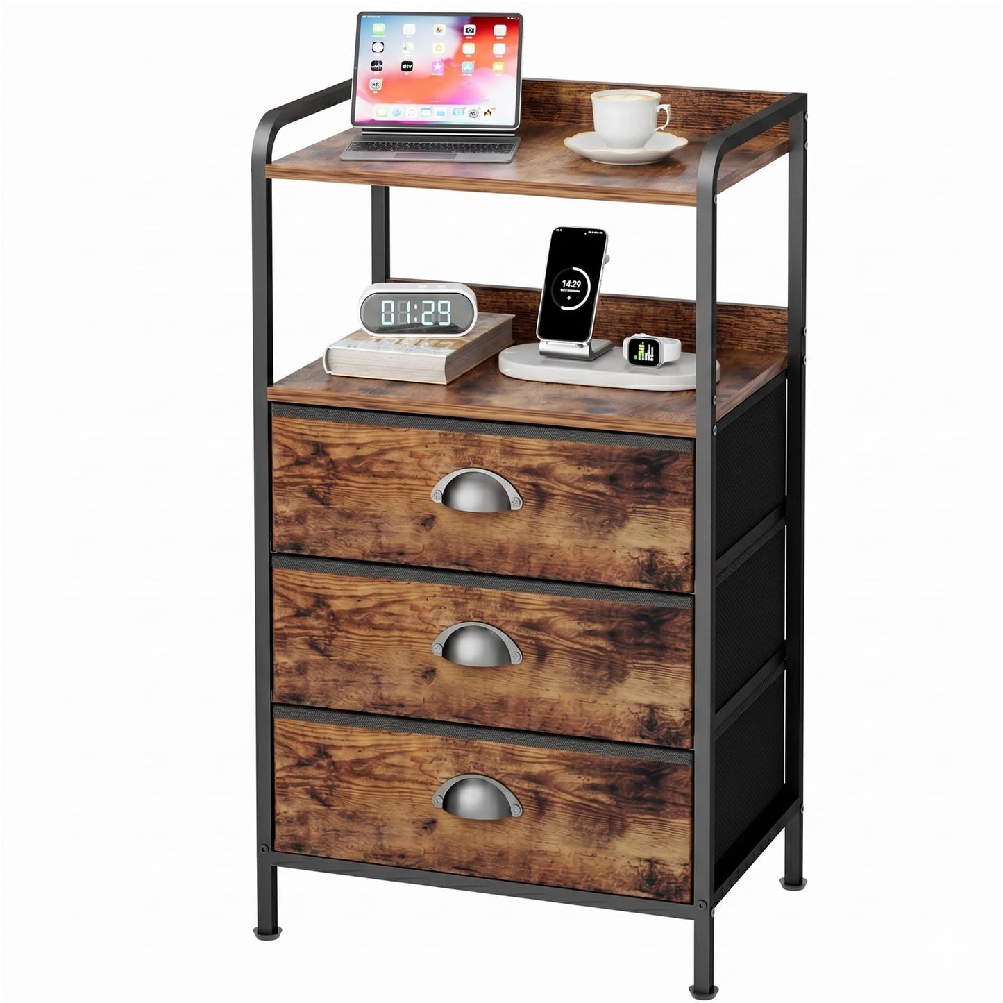 YEYSHAOM Night Stand with 3 Fabric Drawers, Bedside Table with Wood Top and 2 Tier Shelf, End Table with Storage Drawer Dresser, Small Side Table for Bedroom, Metal Frame, Rustic Brown