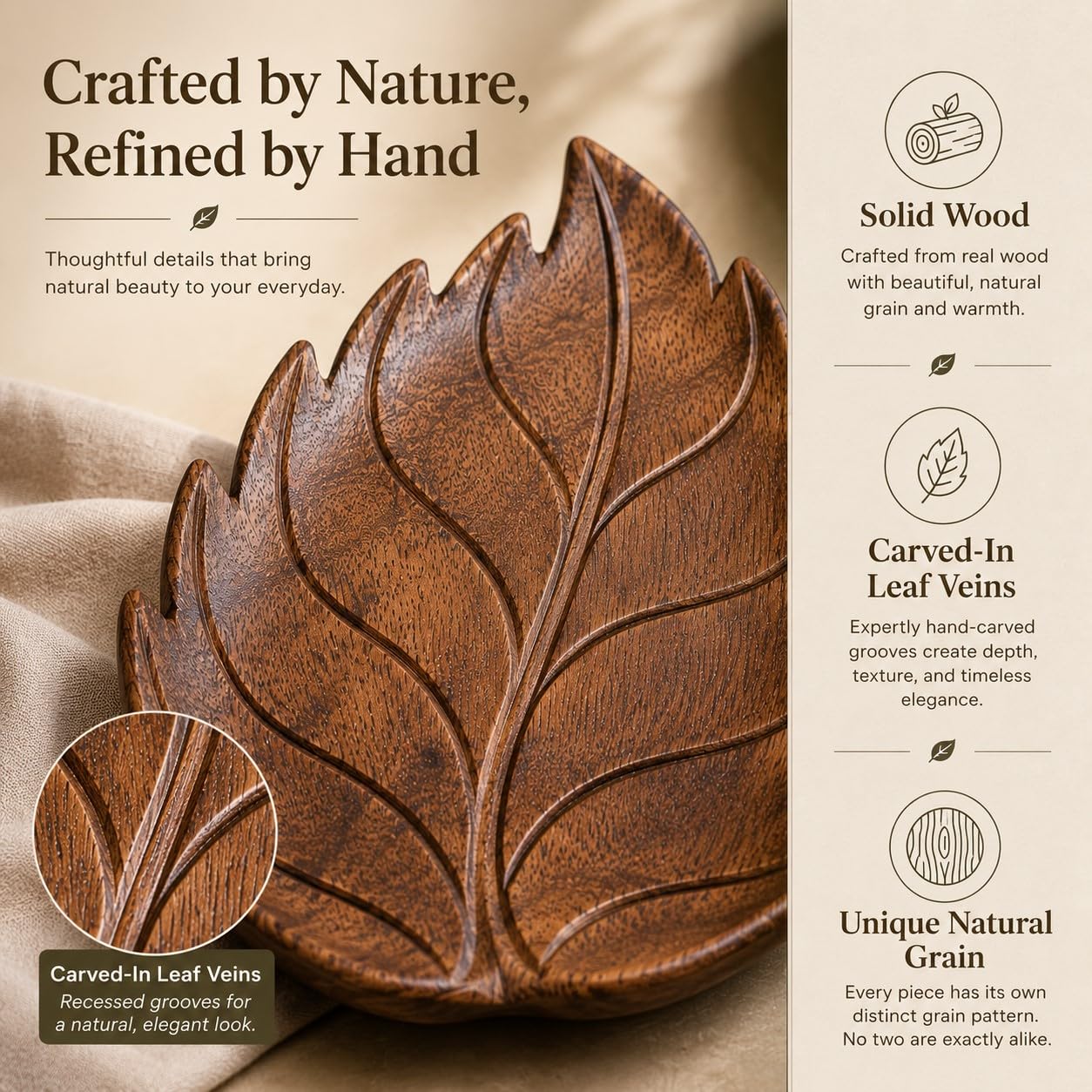 Wooden Leaf Tray, Leaf Shaped Trinket Dish for Keys, Jewelry, Crystals, Candles, Rustic Decorative Tray for Entryway, Nightstand, Vanity, Coffee Table, Fall Home Decor