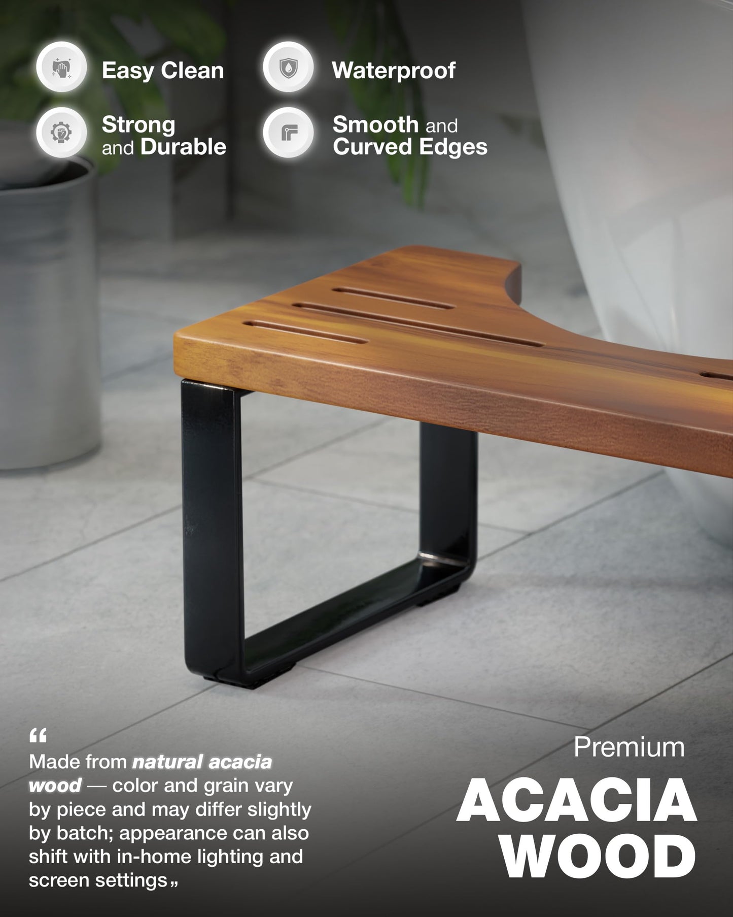 BLUEWEST Poop Stool, Acacia Wood Toilet Stool with Strong Steel Frame for Potty Training, 7 Inch Bathroom Step, Durable/Sturdy Support for Adults with Non-Slip Design