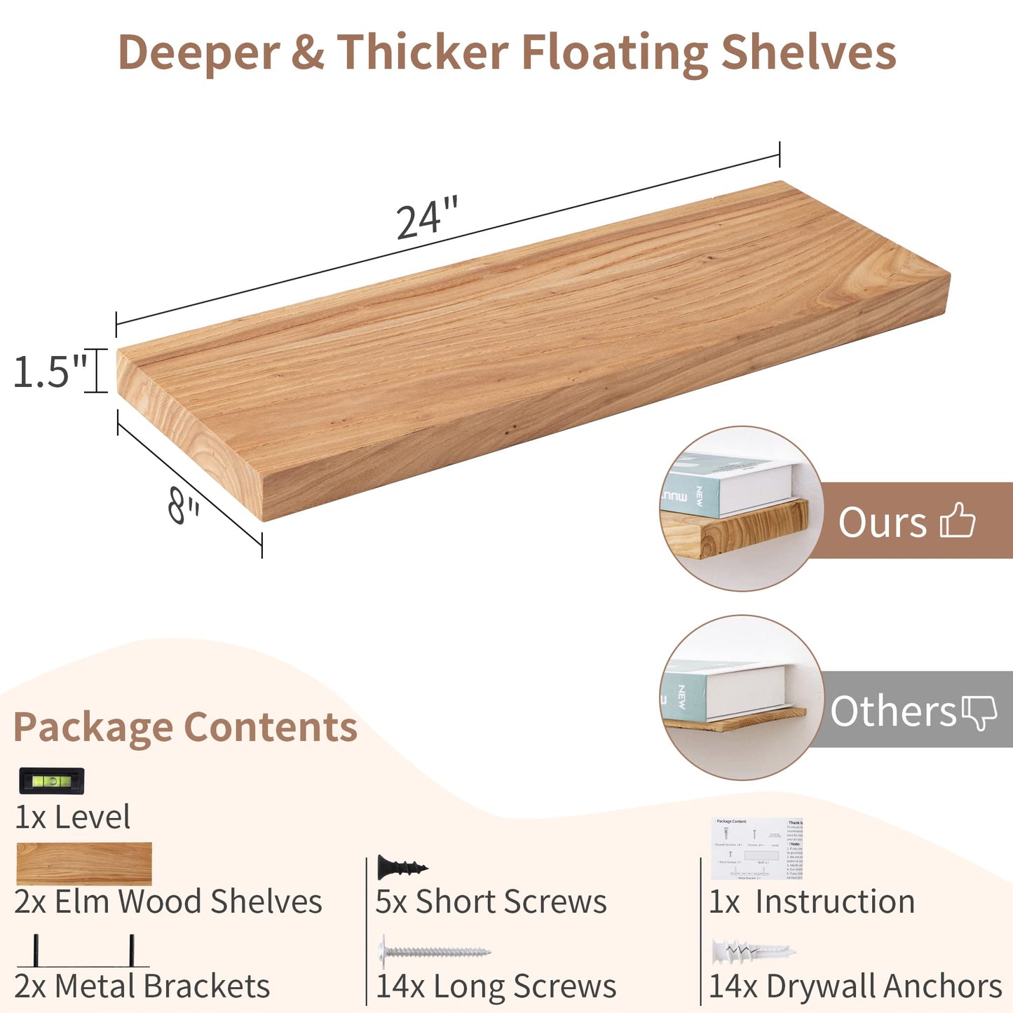 Axeman Floating Shelves for Wall, 24''W x 8'' D Rustic Solid Elm Wood Shelves for Storage, Wall Mounted Display Shelving with Invisible Heavy-Duty Metal Bracket (Natural, 2PCs)
