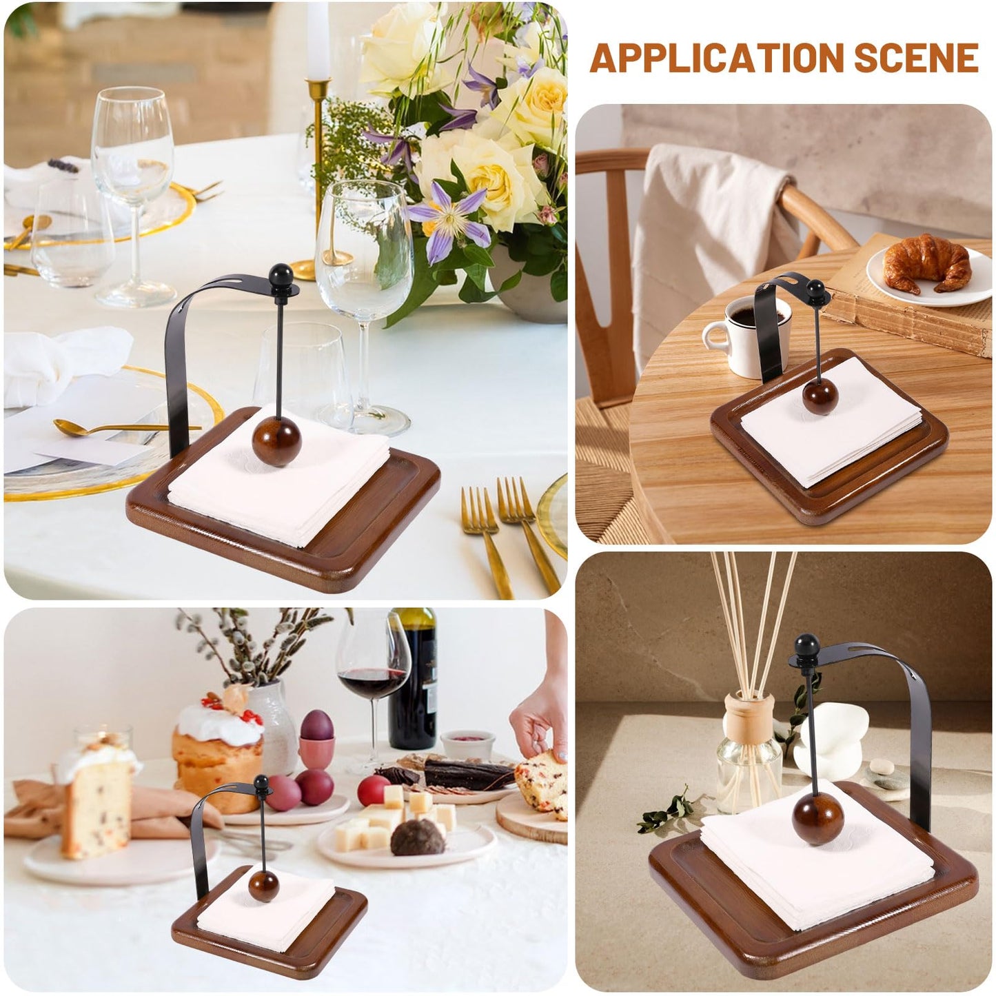 GLOBLELAND Wood Napkin Holder for Table 5.6"x5.6" Napkin Dispenser with Metal Weighted Arm Wooden Ball Square Cocktail Paper Holder for Kitchen Office Restaurant Cafe Home Decor