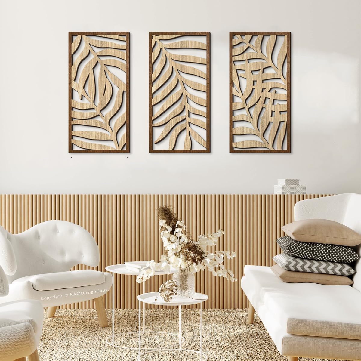 3 Pcs Tropical Leaf Wood Wall Art Decor, Wooden Minimalist Wall Hanging Decor, 3D Hollow Carved Craft Art Set, Boho Abstract Wall Sculptures Panels Decoration for Home Living Room Bedroom Kitchen (C)