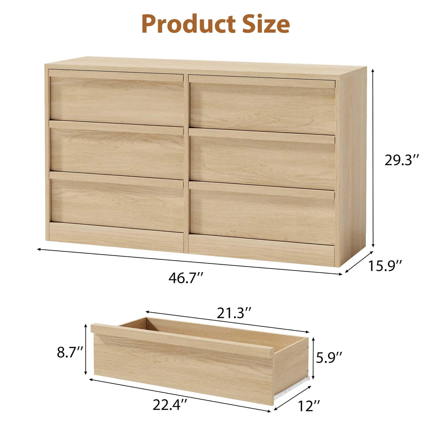 Garvee 6 Dresser for Bedroom, 46.7" Wide Dresser, Freestanding Horizontal Drawer with Storage, Wooden Closet Chest Storage for Living Room, Hallway, Entryway, Natural Oak