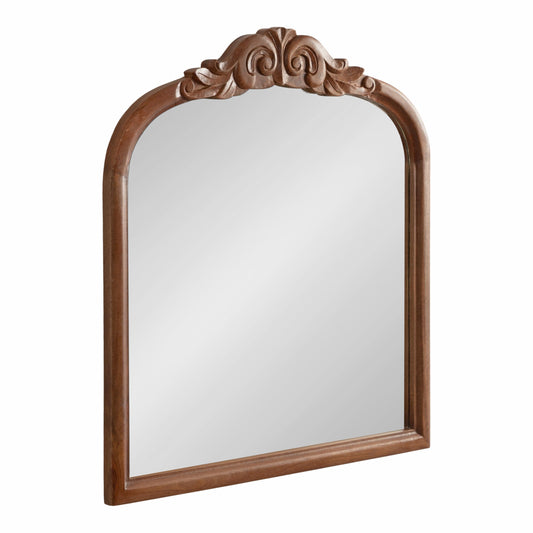 Kate and Laurel Arendahl Traditional Arch Wall Mirror, 28 x 30, Walnut Brown, Vintage Baroque-Inspired Wooden Arched Bathroom Mirror for Over Sink with Ornate Carved Crown