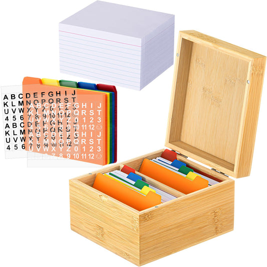 Henoyso 3 x 5 Inch Index Card Holder Set, Bamboo Organizer Box with 300 Note Cards, 30 Dividers & 2 Sticker Sheets, Holds 1200 Cards for Office Business Home Kitchen, Natural Wood