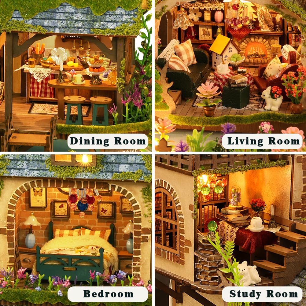 Yuzhen DIY Miniature Dollhouse with Furniture and LED Lights, Wooden Dollhouse Includes Dustcover and Music Movement