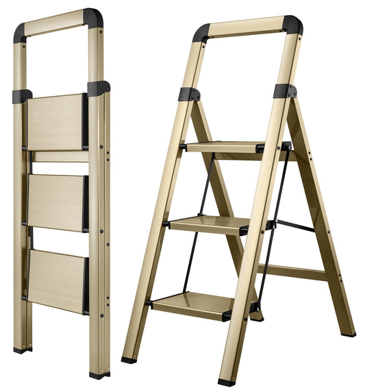 BIBKOKE Step Ladder 3-Step Champagne Finish Aluminum Folding Ladders