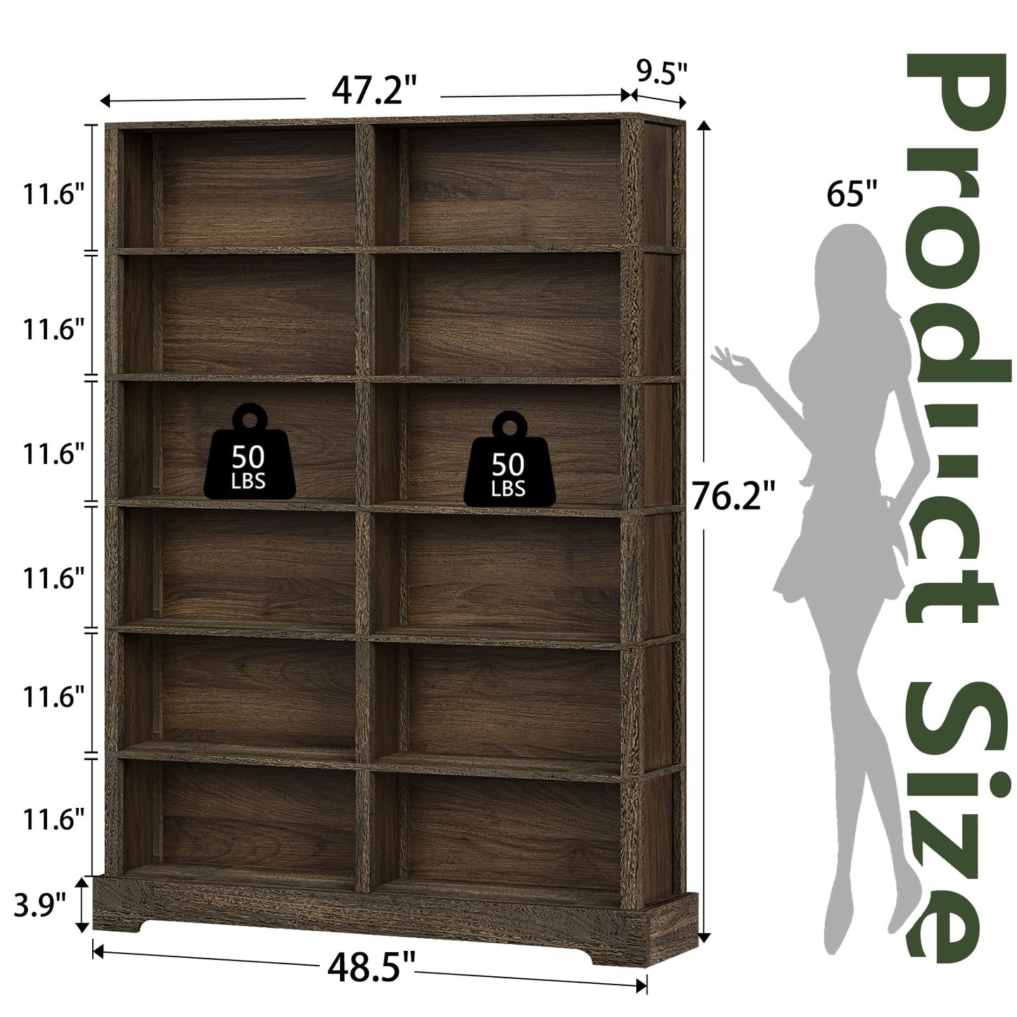 TVU 5-Tier Wood Book Shelf, 47" Wide Large Bookcase and Bookshelf, 64" Tall Bookcase with Storage, Freestanding Wood Display Book Shelves for Living Room, Home Office, Walnut