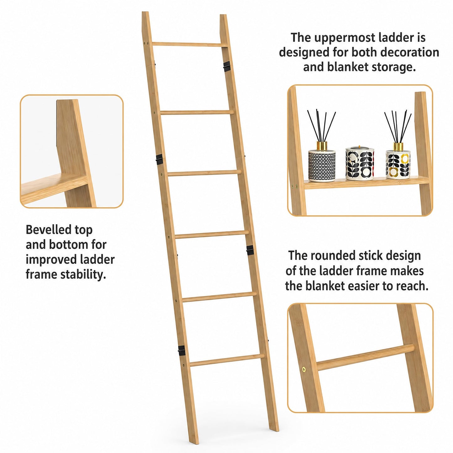 Plusinthebox 6 Tier Blanket Ladder with Shelf, Wooden Blanket Rack for Living Room, Leaning Towel Ladder Rack for Bedroom, Bathroom, Quilts, Throws, Towels and Farmhouse Décor