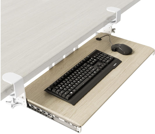 AX WABER Keyboard Tray Under Desk Pull Out with Extra Sturdy C Clamp Mount System, 27.3 (32.5 inch Including Clamps) x 11 Inch Slide-Out Platform Computer Drawer for Typing Grain AX01WG01