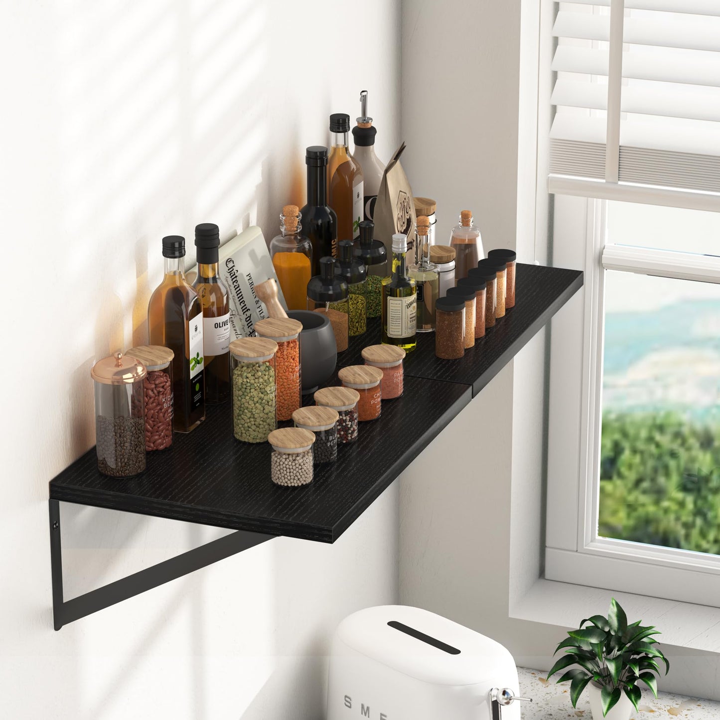 Heimlove Black Deep Floating Shelves for Wall, 16W x 12D Wood Wall Shelves Set of 2, Wide Floating Bookshelf for Living Room, Kitchen, Office, Bedroom and Decor Storage, with Metal Bracket - Black