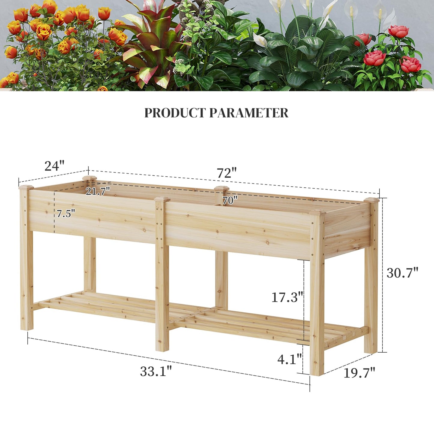 PULIJIAJU 72x24x30.5in Raised Garden Bed Elevated Wood Planter Box with Shelf Garden Planter with Legs for Backyard, Patio, Balcony w/Divider Liner, 300lb Capacity -(Natural)