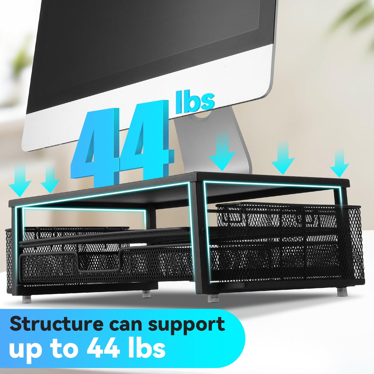 2-Tier Monitor Stand with Drawer, Laptop Stand with Storage for Desk, Heavy Duty Iron Computer Stand Riser & Desk Organizer with Drawers, Home Office Mesh Shelf for Monitor up to 32 Inch (Black)