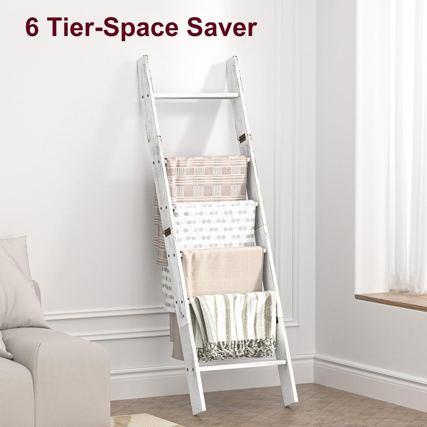 Honest Blanket Ladders for The Living Room, 6-Tier Blanket Holder, Wall-Leaning Blanket Rack, Ladder Shelves, Wooden Quilt Ladder, Farmhouse Decor, White