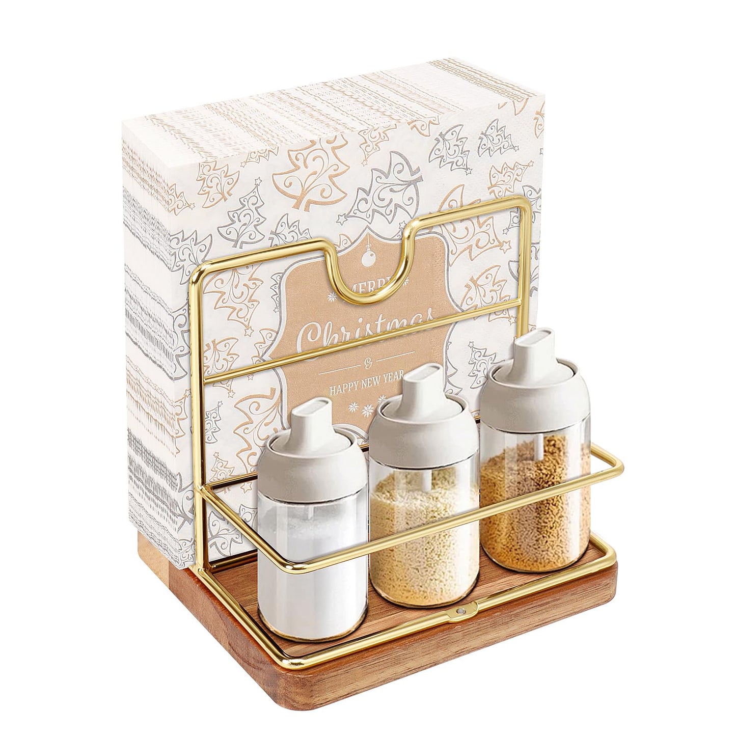 Livabber Napkin Holder, Metal Napkin Storage with Salt and Pepper Shakers Caddy Modern Napkin Dispenser for Table Kitchen Countertop, Not Including Salt and Pepper Shakers (Middle Wooden, Gold)