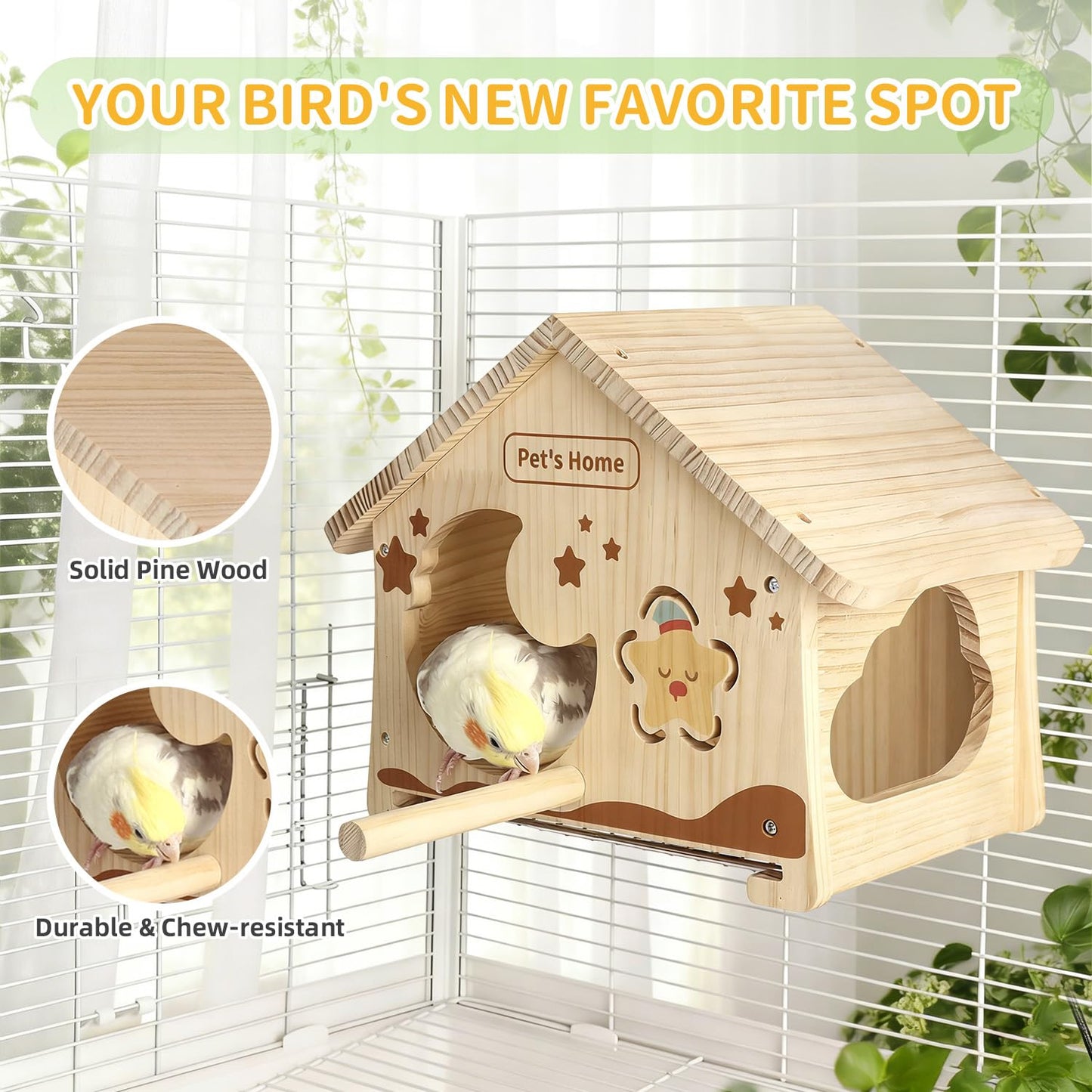 Wooden Bird House with Removable Tray, DIY Paintable Birdhouse for Lovebirds Budgies Cockatiels Conures, Cozy Bird Nest for Indoor Outdoor Use (Wood Tray (Standard))