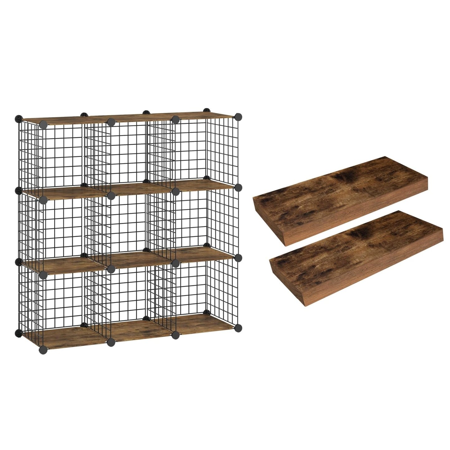 HOOBRO Floating Shelves for Wall and Wire Cube Storage Organizer, Wall Mounted Shelf Set of 2, 9-Cube Shelves, Modular Shelves with Metal Grid, DIY Closet Cabinet, BF40BJ01-BF09CW01