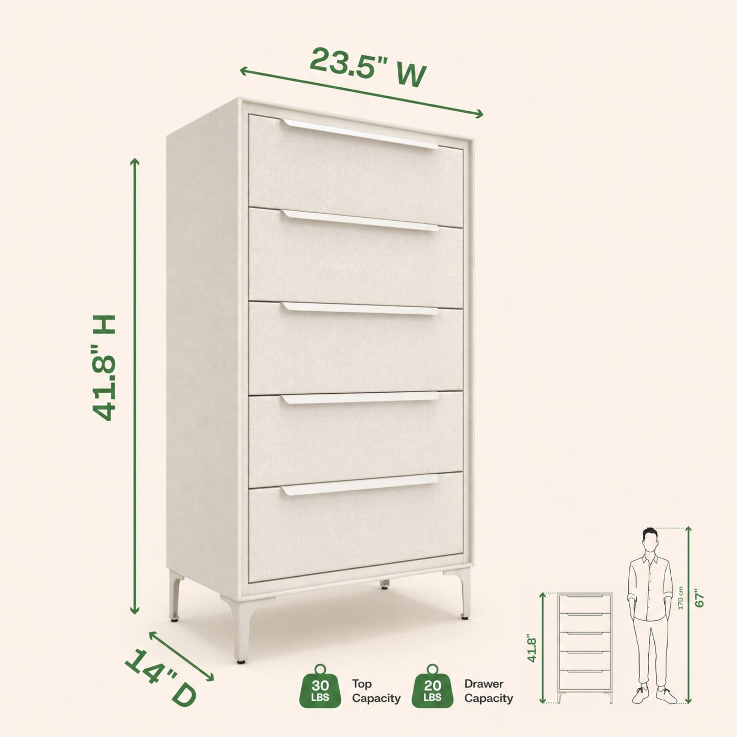 tinge Naima Premium Fabric Dresser - Strong Metal Frame, 5 Spacious Sag-Proof Drawers with Sleek Metal Handles - Premium & Durable Storage Solution for Your Home (Beige)