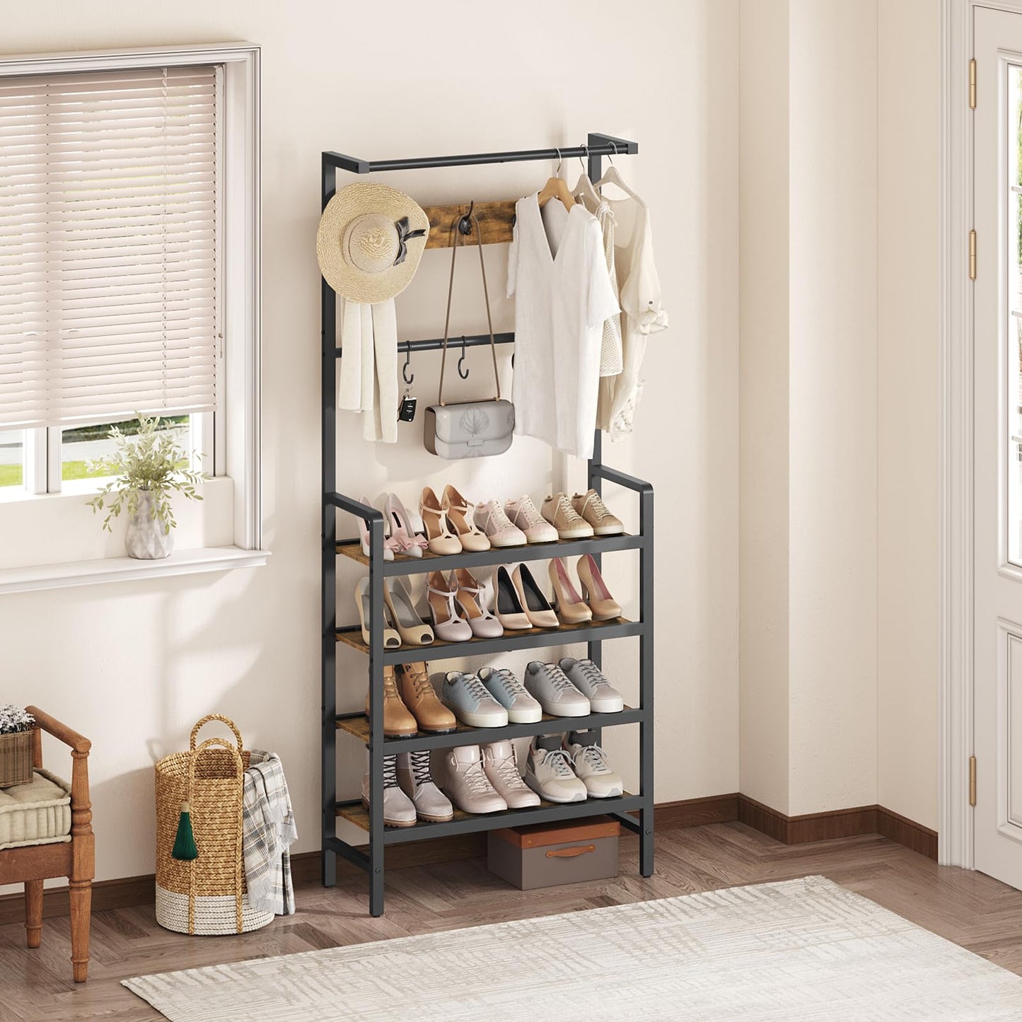 YATINEY Hall Tree, Coat and Shoe Rack, Entryway Coat Rack with 4-Tier Wooden Shoe Rack and 10 Hooks, Freestanding Hall Tree with Shoe Storage for Entryway, Hallway, Rustic Brown and Black MT09BR