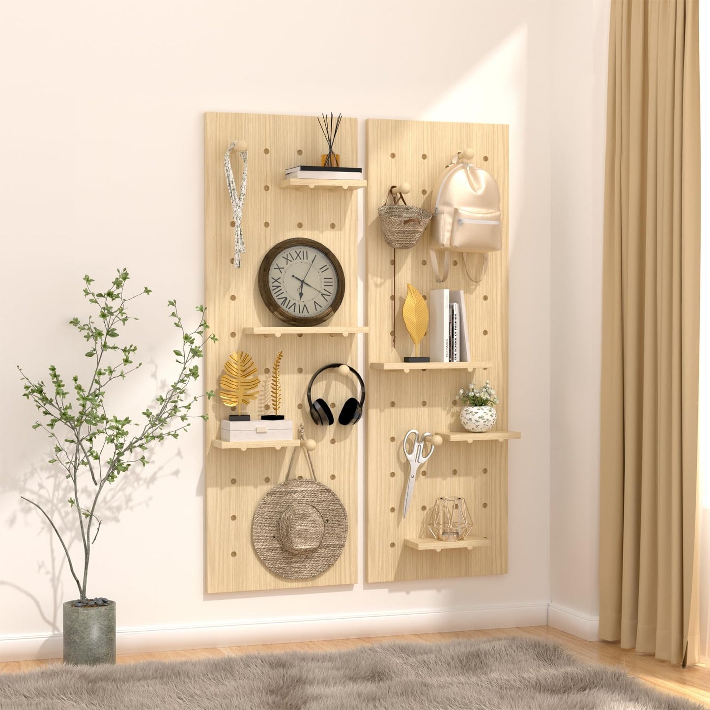 AMSXNOO Wood Pegboard Wall Organizer Panels, Wooden Pegboard Combination Wall Organizer Kit, Display Peg Board Panel Kits for Office Bedroom Livingroom Studyroom (Wooden Color, 31.5X47.2IN/80X120CM)
