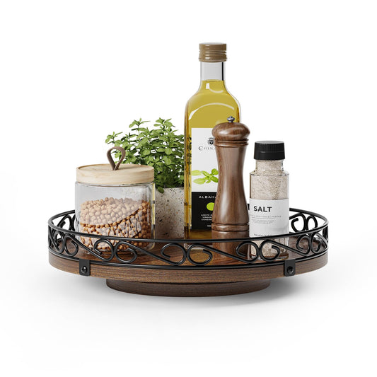 10" Lazy Susan Turntable Organizer for Table Top, Round Wooden Lazy Susan for Cabinet, Farmhouse Decorative Tray for Coffee Table, Kitchen Organizer Countertop, Center Piece Decor, Rustic Brown
