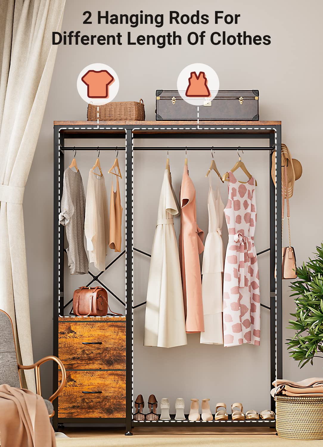Lulive Clothes Rack with 2 Rods, Shelves, Drawers & Hooks, Garment Rack