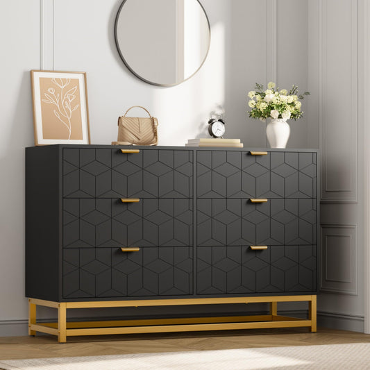 GAOMON Black 6 Drawer Double Dresser,Modern Dresser for Bedroom with Gold Handles,Long Storage Organizer for Closet & TV Stand,Large Chest of Drawers for Living Room,Hallway,Entryway