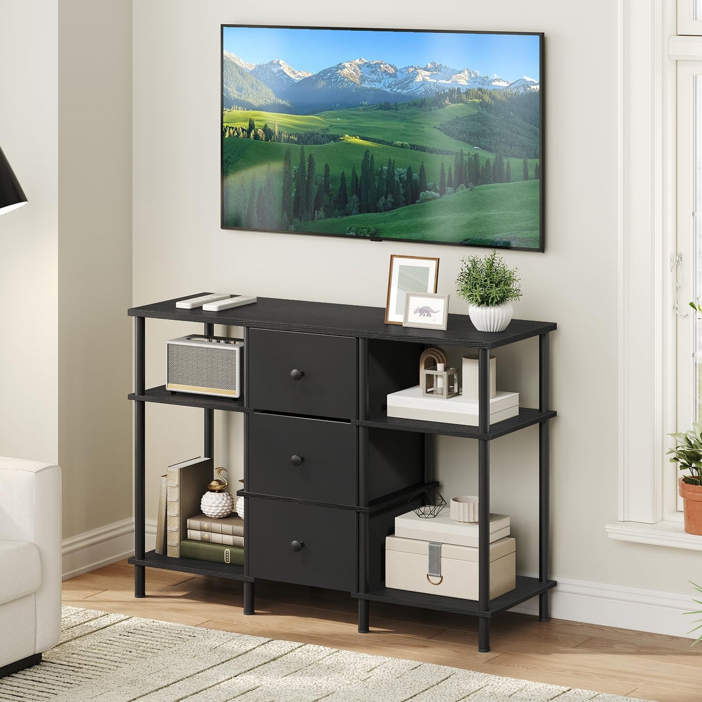 YATINEY TV Stand with 3 Fabric Drawers, Tall TV Stand, 3-Tier Media Console Table with Wooden Shelves, Entertainment Center, for Bedroom, Living Room, Home Office, Black DS15BB
