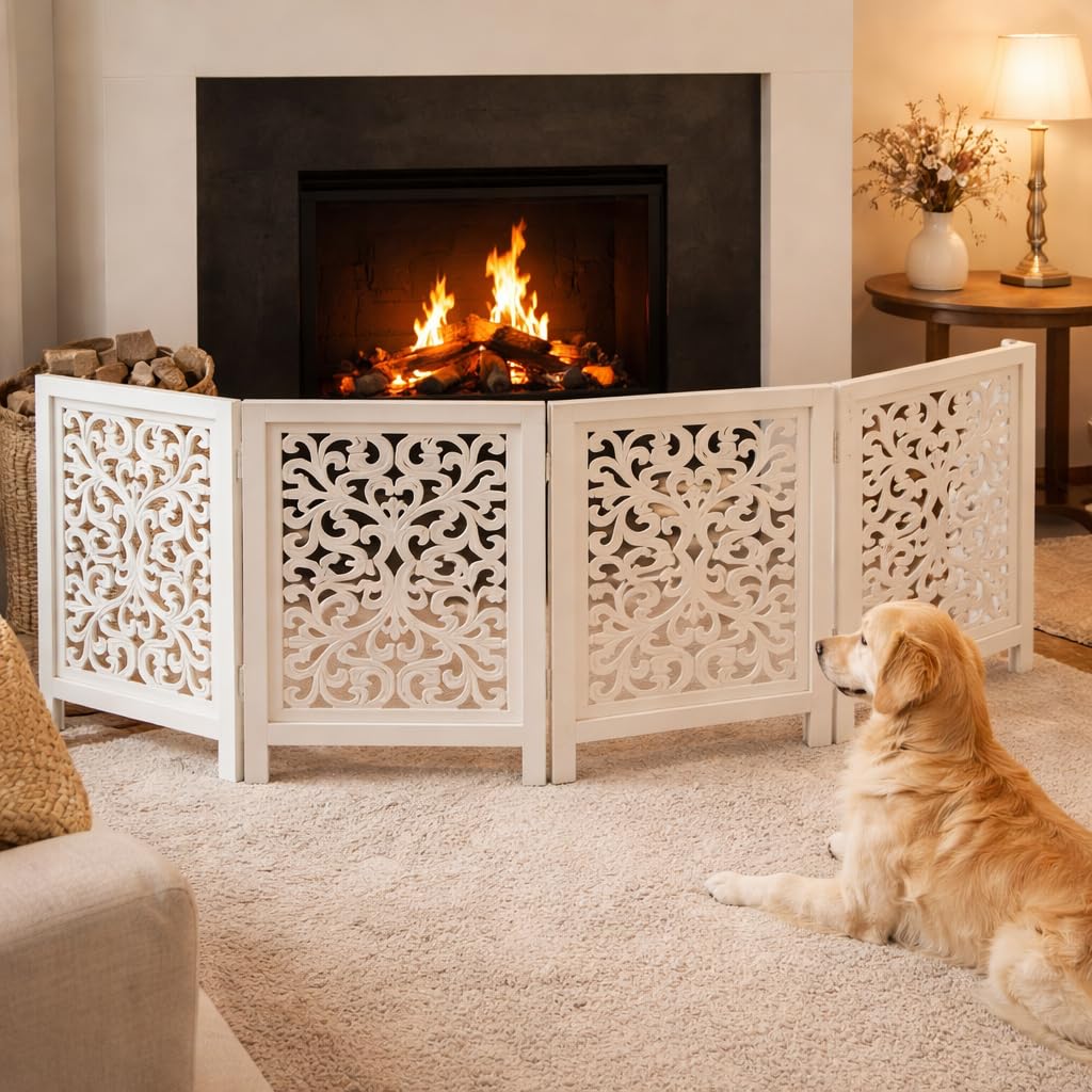 Free Standing Dog Gate – 4 Panel Foldable Wooden pet gate Indoor 72" W x 24" H, Hand-Carved Solid Wood & MDF, Portable Indoor Gate for Doorways, Halls, Stairs – Fully Assembled, Antique White