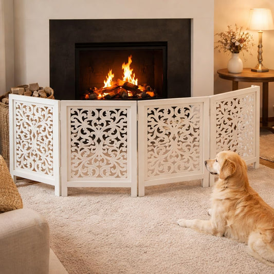 Free Standing Dog Gate – 4 Panel Foldable Wooden pet gate Indoor 72" W x 24" H, Hand-Carved Solid Wood & MDF, Portable Indoor Gate for Doorways, Halls, Stairs – Fully Assembled, Antique White