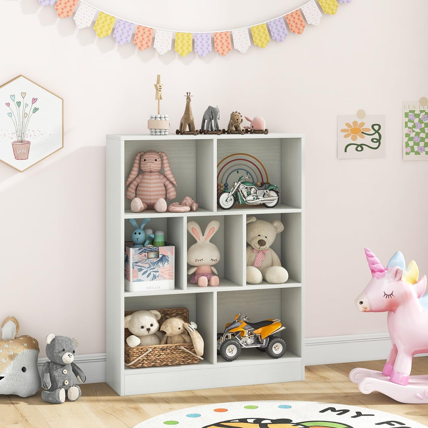 Costzon 7-Cube Bookshelf for Kids, Wooden Toy Storage Organizer w/ 2 Anti-Toppling Kits, 3 Tier Open Shelves & Non-Slip Foot Pads, Montessori Toy Shelf for Kids Rooms, Playroom, Classroom, Nursery