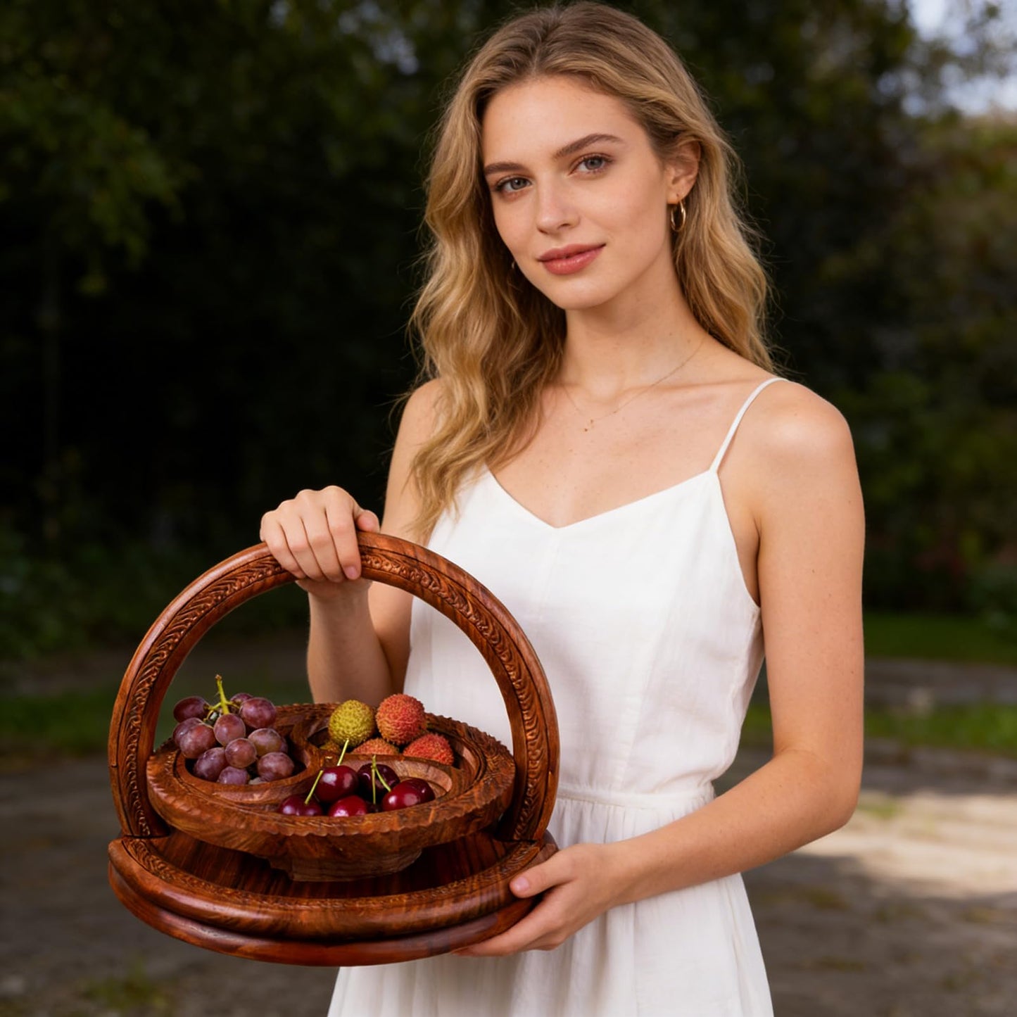 OXBZKMY Handmade 12" Foldable Wooden Basket, Collapsible Fruit Basket Walnut Carving Fruit Plate for Fruit, Bread and Nuts, Kitchen Storage Serving (3 grids)