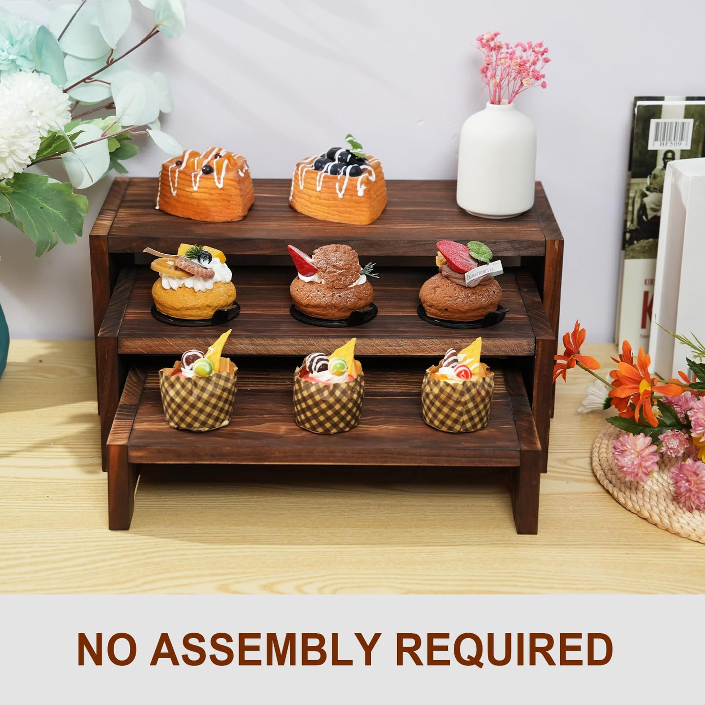 Infankey 3-Tier Wooden Cupcake Stand & Display Risers, for Food Desserts & More, Sturdy & Reusable