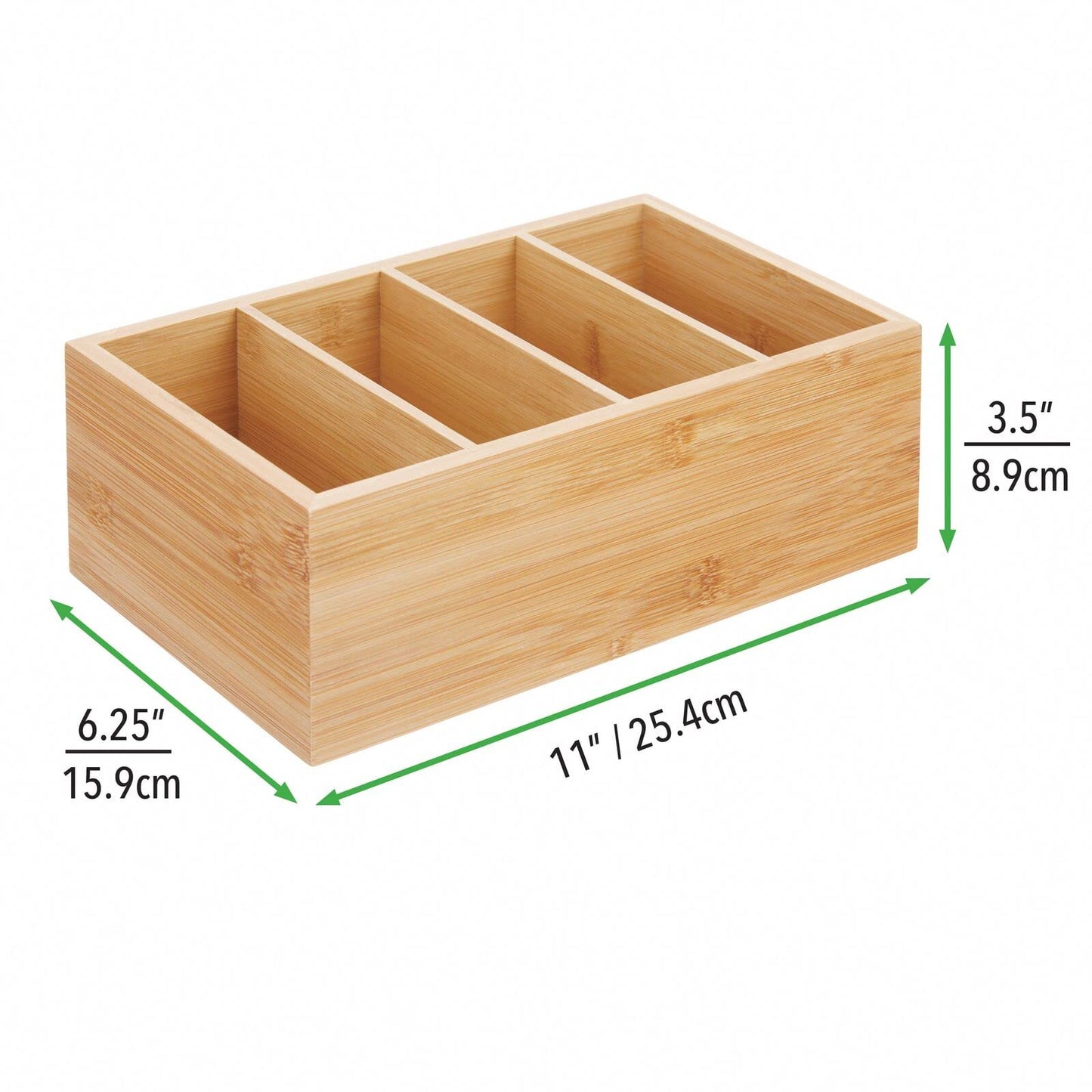 mDesign Bamboo Wood Compact Food Storage Organizer Bin Box - 4 Divided Sections - Holder for Seasoning Packets, Pouches, Soups, Spices, Snacks - Natural