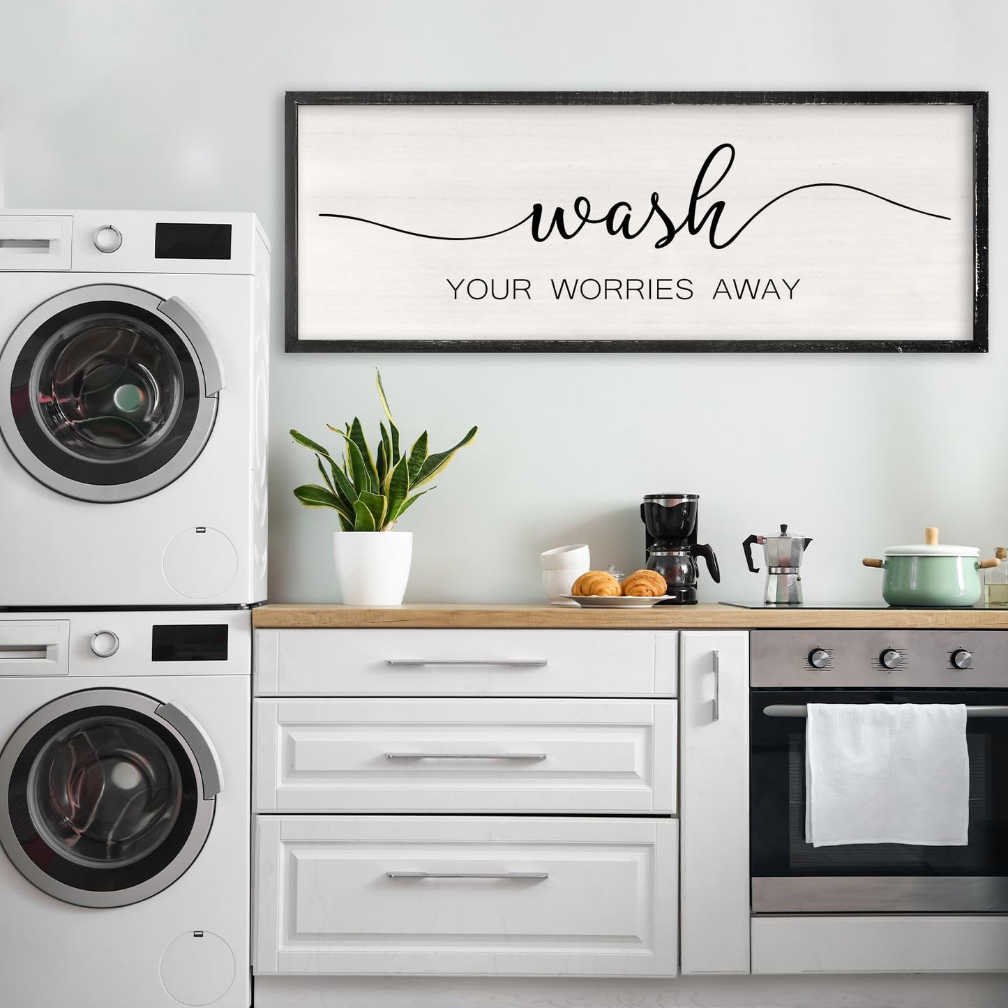 RLWangChao Farmhouse Laundry Room Wall Decor Wash Your Worries Away Sign 32×12 Inch Bathroom Inspirational Quote for Shower Room above the Bathtub Wooden Framed Minimalist Wall Hanging Art (Black)