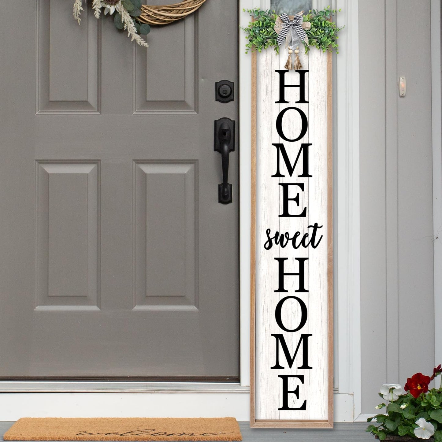 LuZhiQiang Welcome Sign for Front Porch Outdoor Home Sweet Home, 45"X9" For Large Front Door Wreath Standing Wooden Frame Tall Vertical Leaner Long Signs, Rustic Outside Farmhouse Garden Patio Decor (Wood)