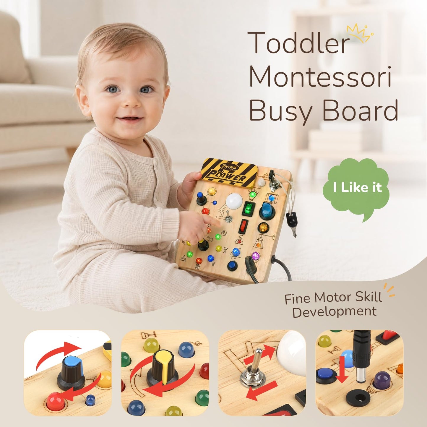 Joyreal Busy Board for Toddlers 1-3 - Montessori Toys for 1 2 3 Year Old, Wooden Sensory Activity Board with 10 Switches&19 Lights, Ideal Educational Travel Toy Gift for 1+ Year Old Boy&Girl Birthday