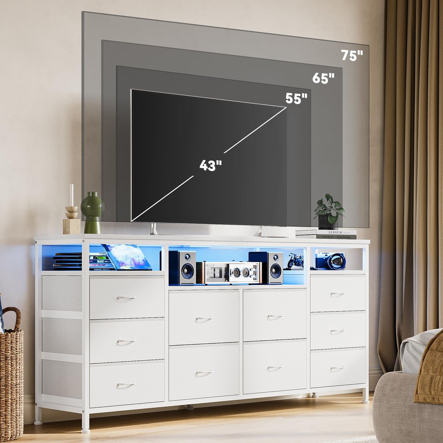 Garvee Dresser for Bedroom with LED Lights & Power Outlets, 63 Inch TV Stand Dressers for Bedroom with 10 Fabric Drawers, Entertainment Center with Open Storage Shelves for Entryway, White