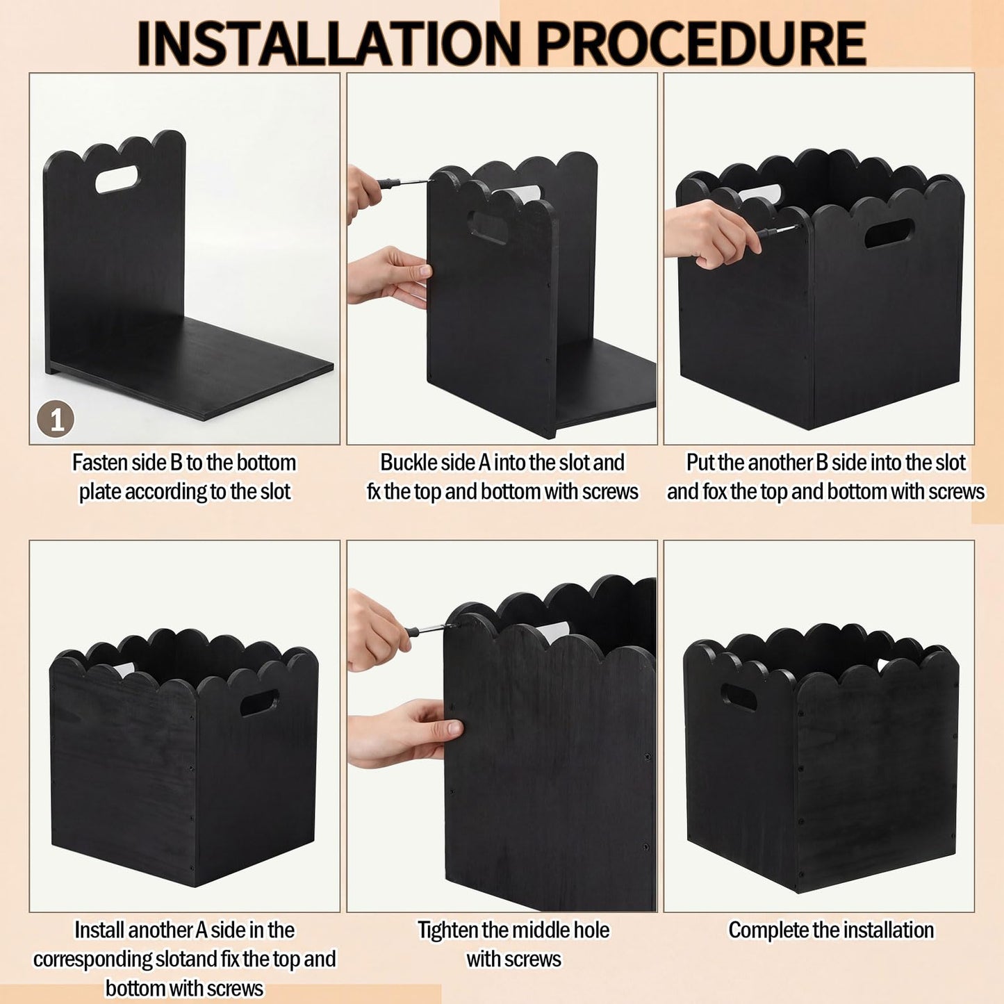 LemonRoad 2 Pcs 11 Inch Wooden Storage Bins with Scalloped Edge Stackable Wooden Storage Cubes Black Decorative Wood Crates for Book Shelves Vinyl Records, Pantry Closet Toys, Easy Assembly